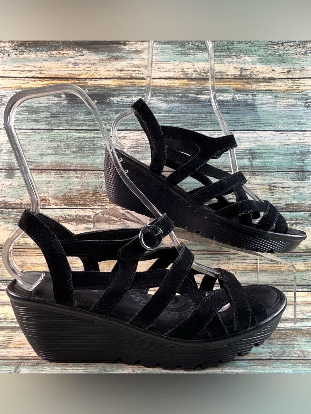 Skechers Wedge Sandals Womens Size 10 Black Suede Hook & Loop Strap
